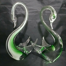 Mid Century Glass Swans Italian Murano Venezia Green Art Set of 2 Vintage Large - £154.27 GBP