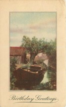 Happy Birthday Victorian Postcard M087 Flag Cancel 1923 Stream with Boat Shed - $3.81