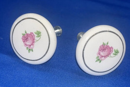 Lot Of 2 Vintage Round Ceramic Porcelain Rose Flower Drawer Knob White &amp; Pink - £9.03 GBP
