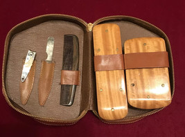 Mens Vintage Brown Vanity Travel Toiletry Grooming Set Kit Cowhide Leather Case - £14.04 GBP