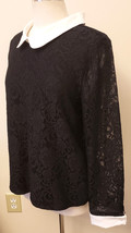 Karl Lagerfeld Black Lace Blouse Sz-L with White Collar and Pearls Detailing - £31.95 GBP
