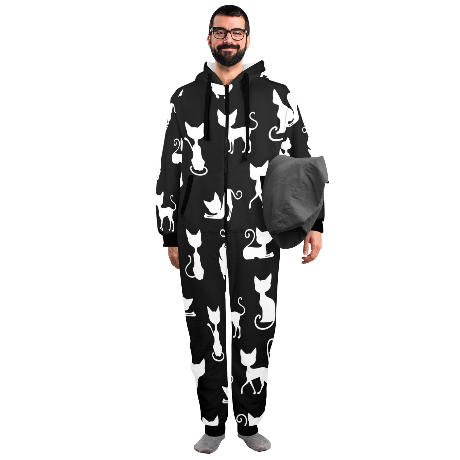 Cat Silhouette Black Flannel Hooded Onesie Pajamas For Adults