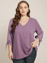 Bloomchic Knotted Tie 3/4 Sleeve V Neck Blouse Top Mauve Purple 28 - £15.38 GBP