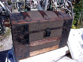Beautiful Captains Chest Trunk very ornate stamped tin late 1700&#39;s mediu... - $440.55