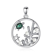 925 Sterling Silver Seaweed Ocean sea turtle Pendant Necklace with green Enamel  - £21.91 GBP
