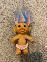 Vintage Bright of America 4&quot; Troll Doll Rainbow Multi-Colored Hair Brown Eyes - £7.58 GBP