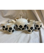 7pc Japanese Tea Set White Porcelain Black Geometric Flower Rattan Handle - £22.54 GBP