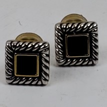 Vintage Casual Career Black Silver Gold Tone Clip Earrings .5 Inch Square - $13.10