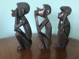 VTG Wood Carved Monkey Hear See Speak No Evil Statue Figures Set Ebony? - $98.01