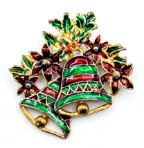 Vintage Red Green Enameled Christmas Bells Poinsettia Brooch Pin - £17.20 GBP