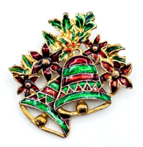 Vintage Red Green Enameled Christmas Bells Poinsettia Brooch Pin - £17.45 GBP