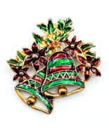 Vintage Red Green Enameled Christmas Bells Poinsettia Brooch Pin - $29.88 CAD