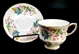 Vintage Queen Anne England Teacup and Saucer Heavy Gold Large Pink Floral - £31.80 GBP