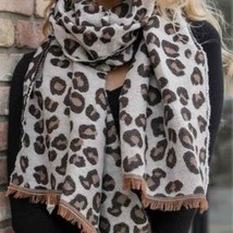 Reversible Leopard Blanket Scarf with Fringe - £21.47 GBP