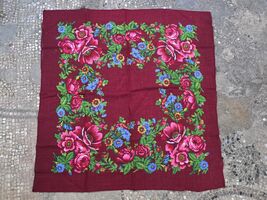Deep red woolen headscarf, vintage floral quare scarf, Eastern European ... - $25.00