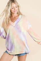 BiBi Tie Dye French Terry V-Neck Top with Puff Sleeves - $29.46