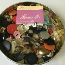 Vintage button lot sewing  craft supplies old button collection in tin c... - $24.70