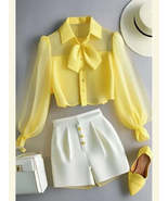 Chiffon Yellow Lapel Neck Perspective Top OL Shirt White Casual Pants Sets - €77,27 EUR