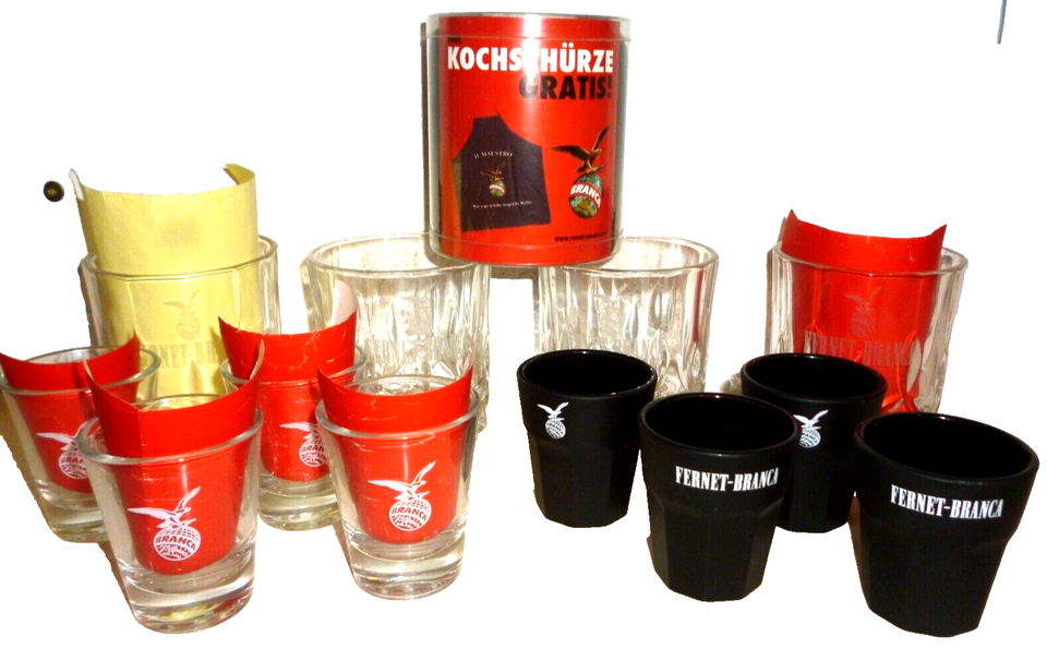 12 Fernet Branca Shot &amp; Tumbler Glasses &amp; 1 Bar Tender Apron - $99.95