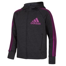 Adidas Big Girls&#39; 3-Stripe Melange Hooded Jacket Black With Purple Large Nwt - £27.60 GBP