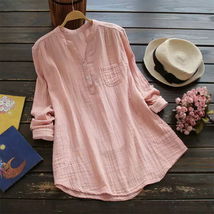 Women V Neck Long Sleeve T-Shirt Tunic Tops Ladies Casual Cotton Linen Pink - $37.79