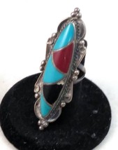 Vintage Navajo Long Sterling Turquoise Onyx &amp; Coral Inlaid Ring Signed MT - £59.35 GBP