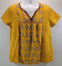 L2) St John&#39;s Bay Women Mustard Split V-Neck Floral Blouse Shirt XXL - $11.87