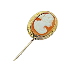 Cameo Stickpin 10K Yellow Gold Engraved Frame Hand Carved Shell Cameo - £63.37 GBP