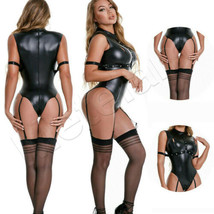 Women Shiny Leather Leotard Bodysuit Wet Look Zipper Jumpsuit Stockings ... - £14.34 GBP