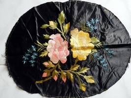Pillow Top Cover or Frame Embroidered Flowers Pinks, Golds, Greens on Blk Satin - £31.16 GBP
