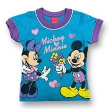 Vtg 90s Mickey &amp; Minnie Mouse Sz 11x14 Purple Ringer Hearts Blushing Flowers USA - £15.47 GBP