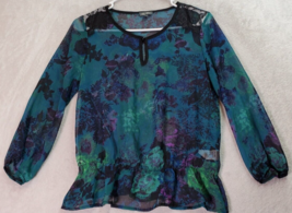 Lily Rose Blouse Top Womens Size Small Teal Floral Sheer Long Sleeve Round Neck - £13.98 GBP