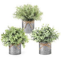 Mini Fake Plants In Farmhouse Galvanized Metal Pots Table Centerpiece Rustic Hom - £27.26 GBP