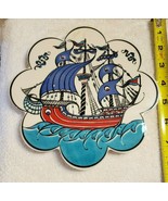 Scalloped Shaped Tile Trivet Tall Sailing Ship Galleon Rough Seas - £11.87 GBP