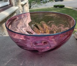  Hand Signed Art Glass Footed Bowl Blue Rim Cranberry Clear Foot Bowl  C. 1987 - £156.53 GBP