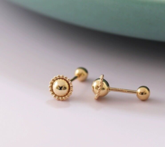 14ct Solid Gold Beaded Saturn Stud Earrings- 14k, tiny, dome, unisex, 3D, gift - £104.78 GBP