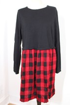 J Jill L Black Red Check Plaid Mixed Media Long Sleeve Cotton Modal Dress - £25.78 GBP