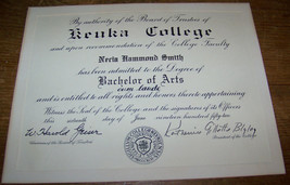 1952 KEUKA COLLEGE BACHELOR ARTS CERTIFICATE NECIA HAMMOND SMITH - £7.73 GBP