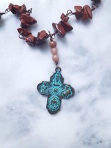 Carnelian Nuggets and Jasper Necklace with Crucifix - £24.71 GBP