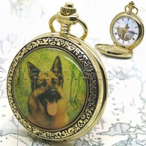 Pocket Watch For Men German Shepherd Design 14K Gold Plated With Chain 53 - £20.39 GBP