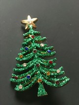 Vintage Green Glitter w Tiny Colorful Rhinestone Branchy Christmas Tree Pin Broo - £15.26 GBP