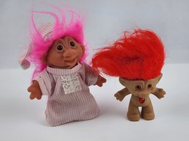 Pair vintage Troll Dolls Red Hair Gem Belly / Pink Hair Pajama outfit Ace &amp; DAM - £15.05 GBP
