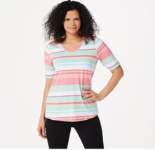 Denim &amp; Co. Stripe Print Perfect Jersey Rounded V-Neck Top Mint/Coral XX-Small - $11.25