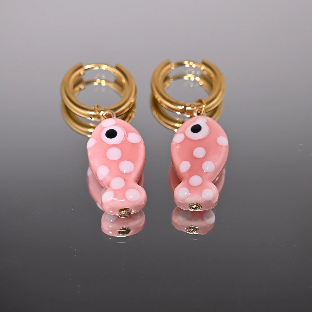 Ceramic Fish Pendant Golden Stainless Steel Hoop Earrings for Women 25xh... - $5.22