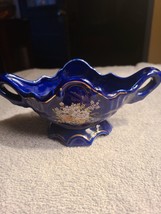 Vtg Cobalt Blue Porcelain Asian Style Fruit Compote Dish Gilded Wagon W/ Flowers - £13.97 GBP