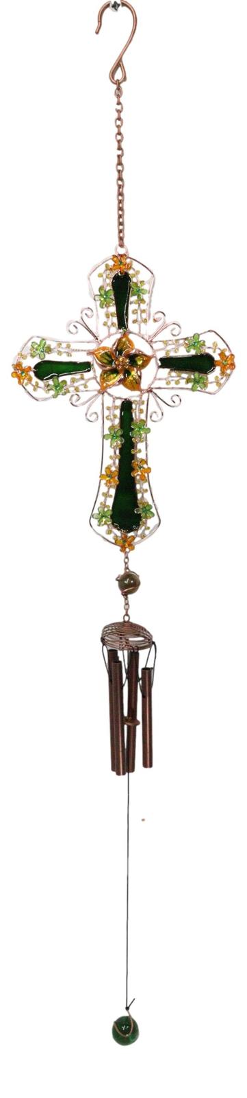Green Floral Shamrock Cross with Gemstones Metal Scroll Filigree Wind Ch... - $29.99