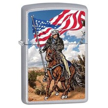 Zippo Lighter - Cowboy on Horse w/ Flag Satin Chrome - 853454 - £20.16 GBP
