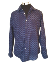 Merona Shirt Men&#39;s Size Medium Casual Linen Blend Dark Navy Blue Geo Travel - £13.45 GBP