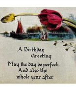 A Birthday Greeting Postcard 1910s Flowers Boat Waterside PCBG3D - €17,15 EUR