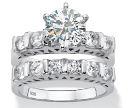 Round Bar Set Cz Engagement 2 Piece Ring Set Sterling Silver 6 7 8 9 10 - £161.22 GBP